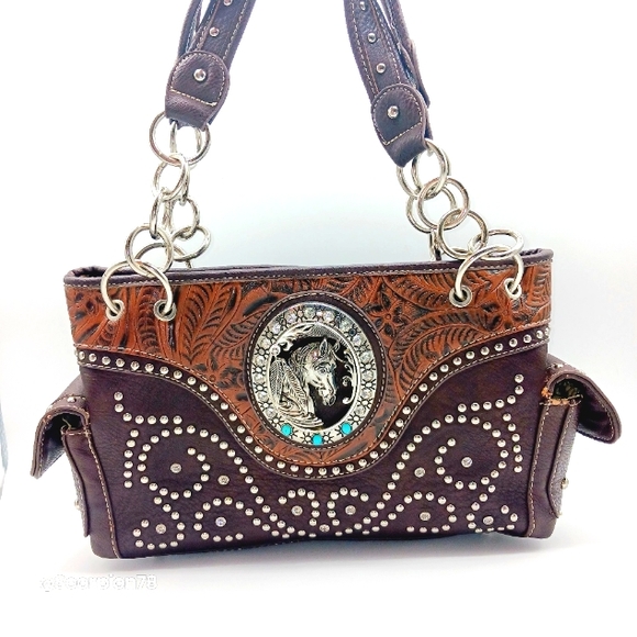 Handmade Handbags - Western Studded/Rhinestone Horse Embossed Concealed Leather Handmade Handbag